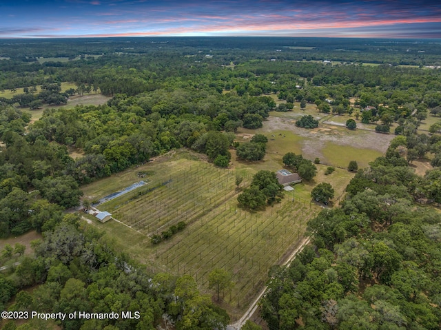 aerial view at dusk featuring a rural view