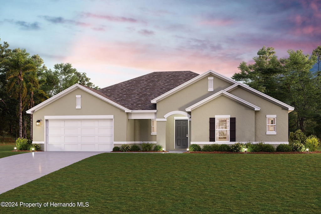 6028 Knollwood Dr, Ridge Manor, FL 33523 - ranch-style house with driveway, stucco siding, a front yard, an attached garage, and roof with shingles