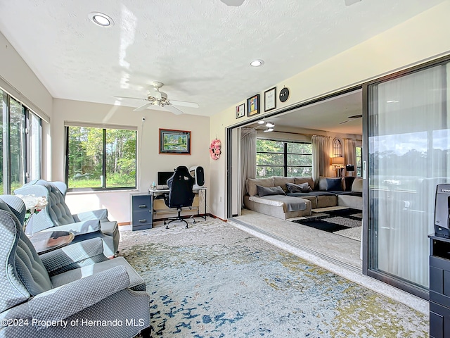 living room with ceiling fan, a textured ceiling, and carpet