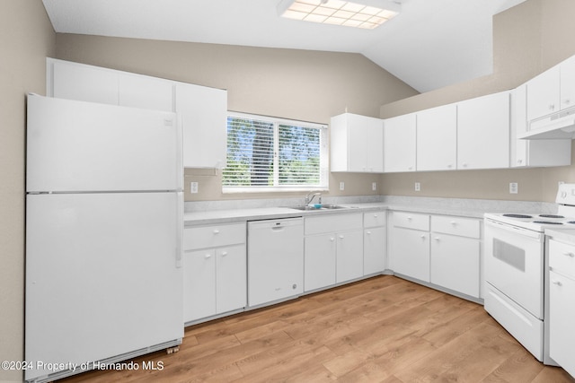 kitchen featuring white appliances, sink, high vaulted ceiling, white cabinets, and light hardwood / wood-style floors