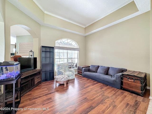 living room featuring a tray ceiling, hardwood / wood-style flooring, ornamental molding, and a towering ceiling