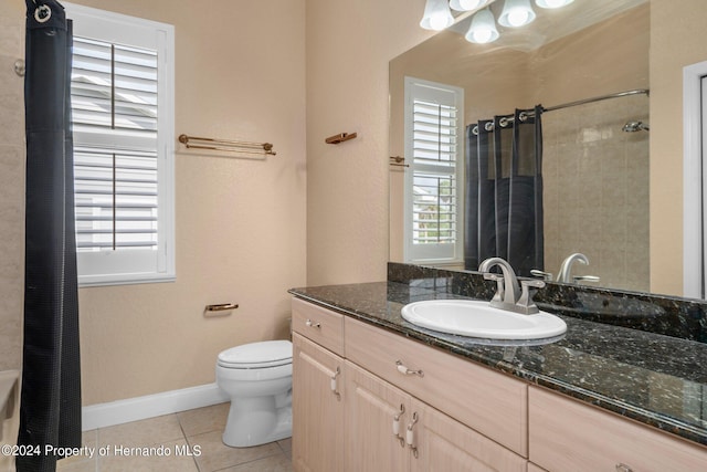 full bathroom with tile patterned flooring, vanity, toilet, and shower / bathtub combination with curtain