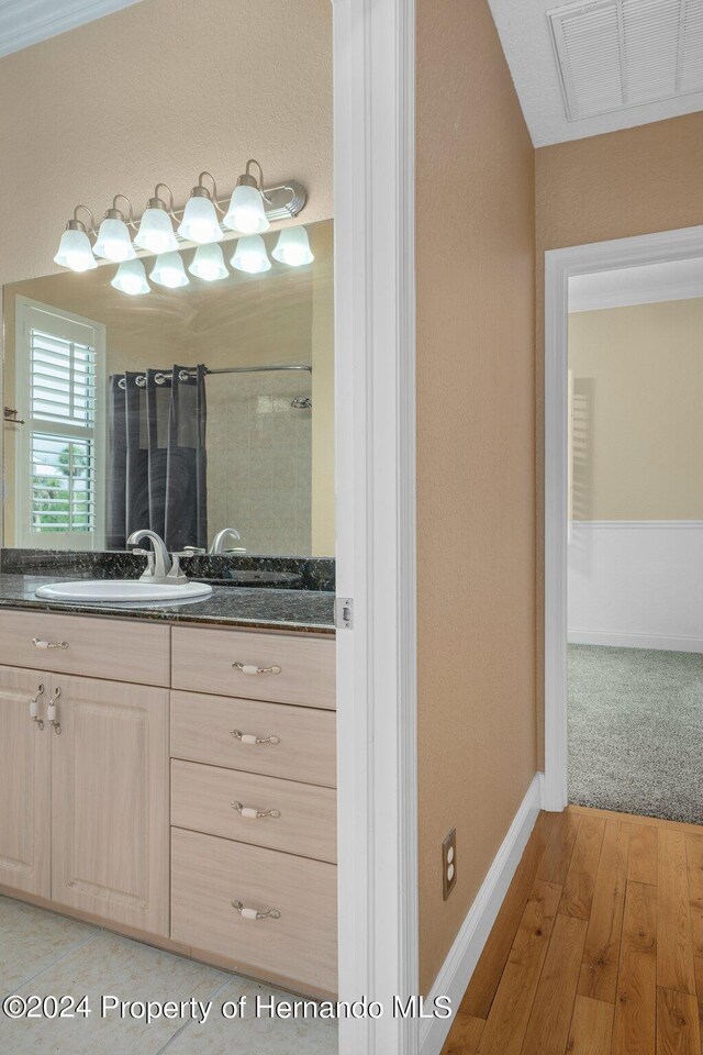 bathroom featuring a shower with curtain, vanity, and hardwood / wood-style floors