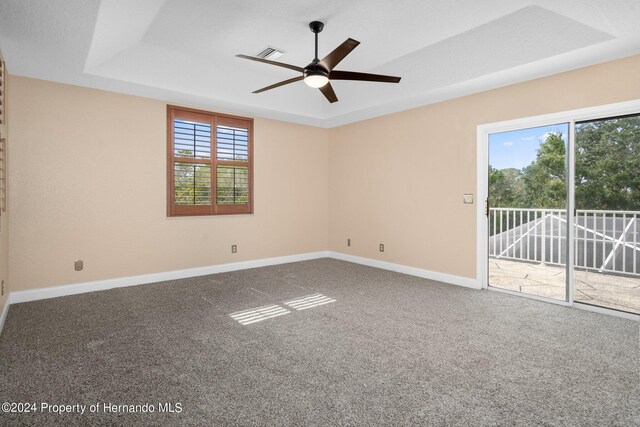 empty room with a tray ceiling, carpet, ceiling fan, and plenty of natural light