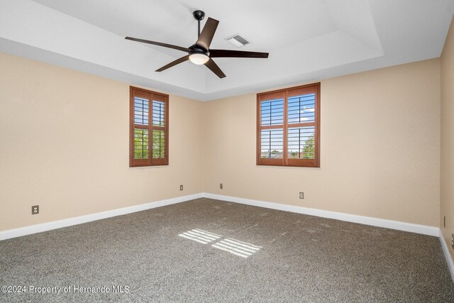 carpeted empty room with a raised ceiling, ceiling fan, and plenty of natural light