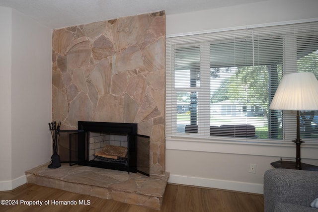 living room featuring wood-type flooring and a large fireplace