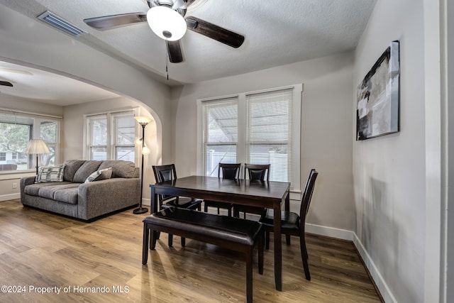 dining area featuring hardwood / wood-style flooring, ceiling fan, a healthy amount of sunlight, and a textured ceiling