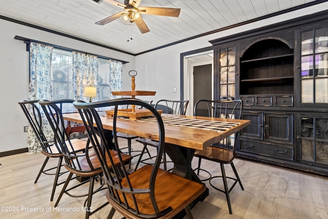 dining area featuring wood ceiling, crown molding, ceiling fan, and light hardwood / wood-style flooring