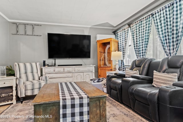 living room featuring crown molding