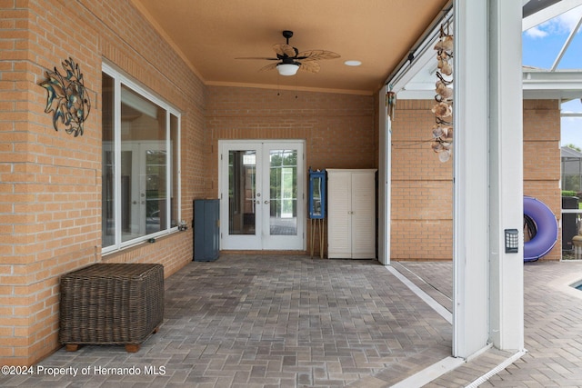 view of patio featuring french doors and ceiling fan