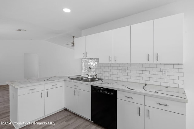 kitchen featuring dishwasher, light hardwood / wood-style flooring, kitchen peninsula, and white cabinets