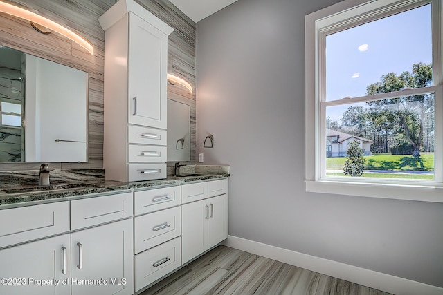 bathroom with wood-type flooring and vanity