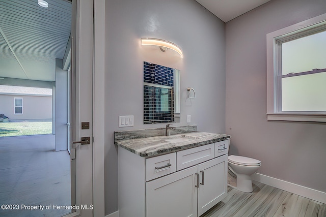 bathroom featuring toilet, vanity, and wood-type flooring