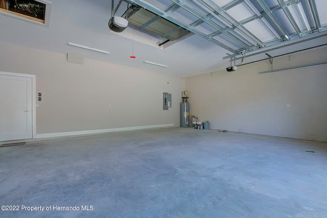 garage with electric panel, water heater, and a garage door opener