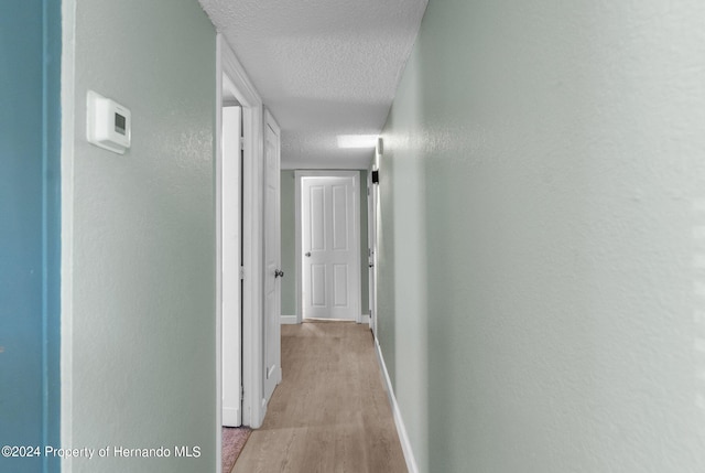 hall featuring a textured ceiling and light hardwood / wood-style flooring