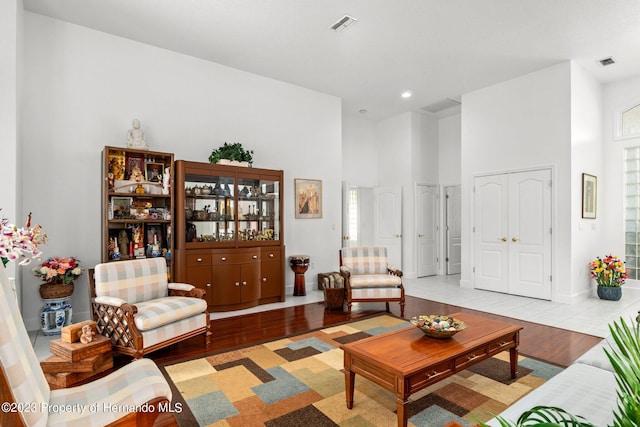 living room featuring a towering ceiling and light hardwood / wood-style flooring