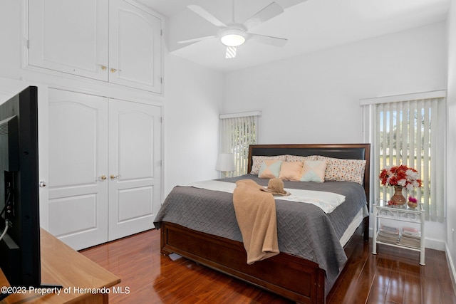 bedroom with a closet, multiple windows, dark hardwood / wood-style floors, and ceiling fan