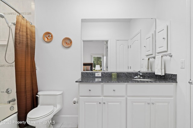 full bathroom featuring tile patterned flooring, vanity, shower / bathtub combination with curtain, and toilet