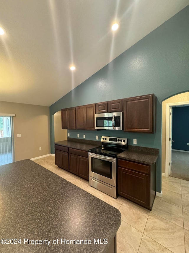 kitchen with dark brown cabinets, lofted ceiling, and stainless steel appliances