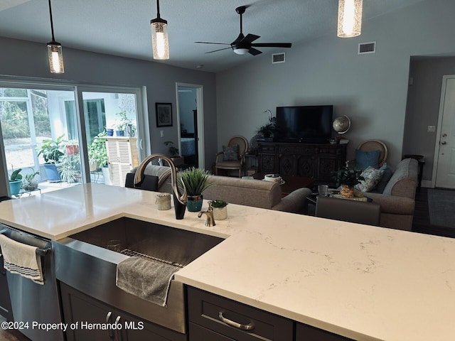 kitchen with dishwasher, lofted ceiling, decorative light fixtures, and ceiling fan