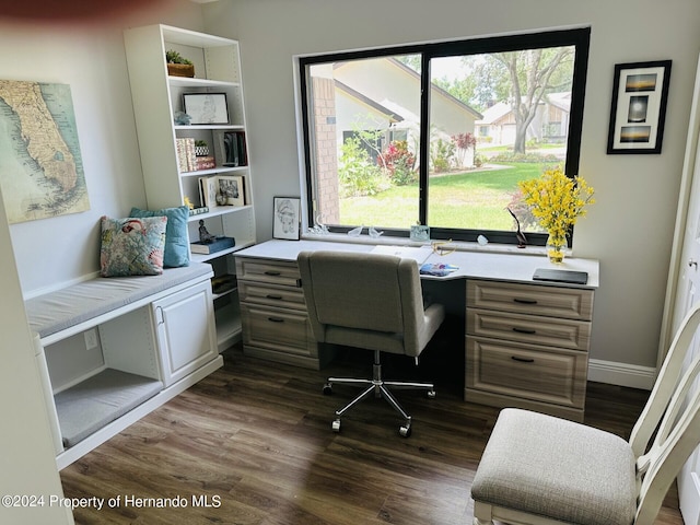 office with built in desk and dark hardwood / wood-style floors