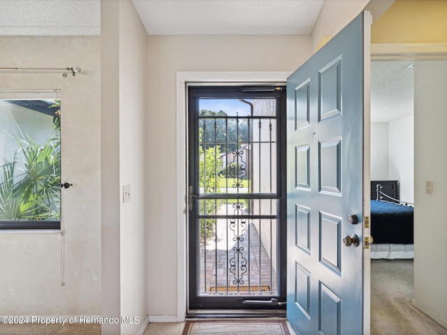 doorway to outside featuring a wealth of natural light, a textured ceiling, and carpet floors