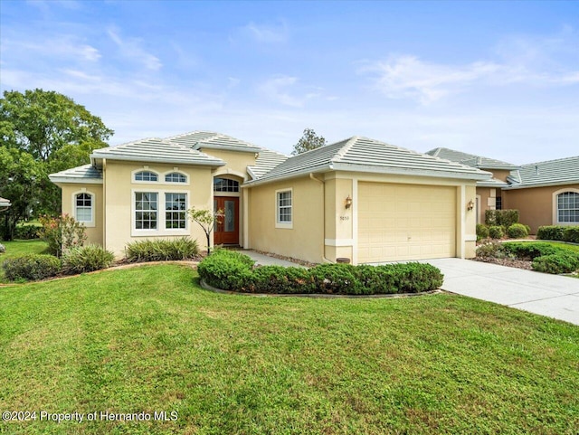 view of front facade featuring a front lawn and a garage