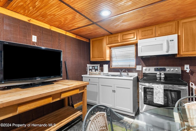 kitchen with wooden ceiling, white cabinetry, stainless steel electric range oven, and sink