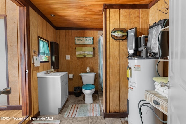 bathroom featuring toilet, water heater, wood walls, wooden ceiling, and vanity