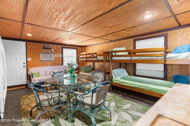 dining space featuring wood walls, wooden ceiling, and a wall mounted AC