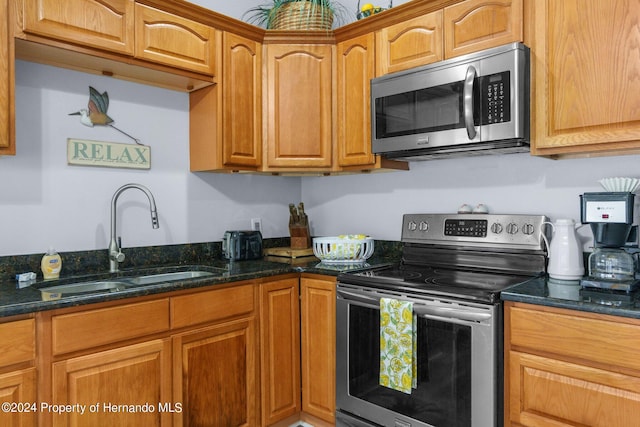 kitchen with stainless steel appliances, dark stone countertops, and sink