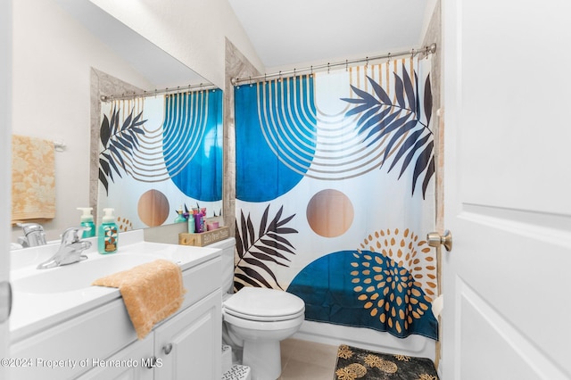 bathroom with walk in shower, vanity, lofted ceiling, tile patterned floors, and toilet