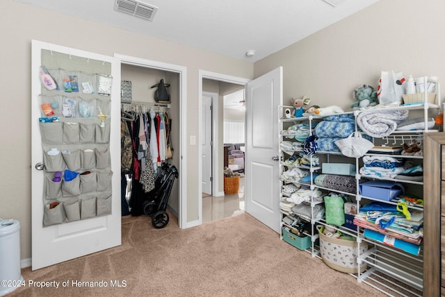 spacious closet with light carpet