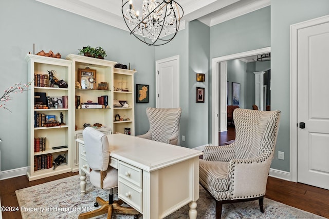 office featuring crown molding, ornate columns, dark hardwood / wood-style flooring, and a notable chandelier