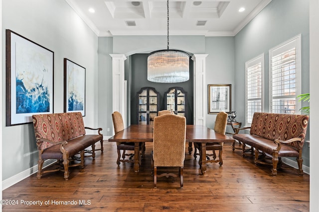 dining area featuring a chandelier, coffered ceiling, ornamental molding, dark hardwood / wood-style floors, and beam ceiling