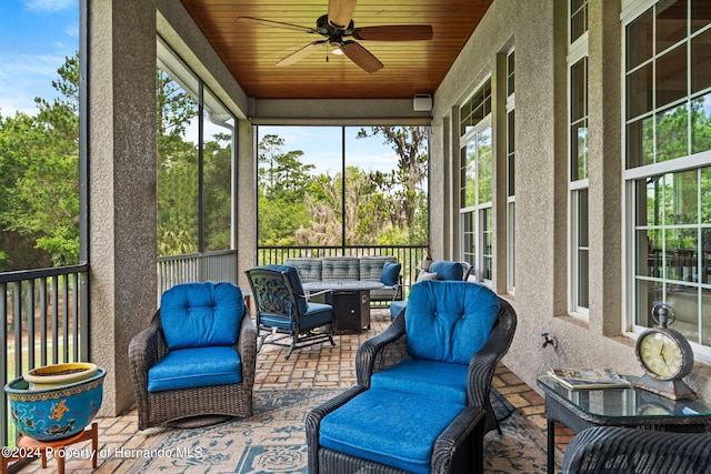 sunroom / solarium with ceiling fan and wood ceiling