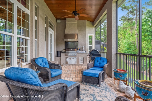 sunroom / solarium featuring sink, wooden ceiling, and ceiling fan