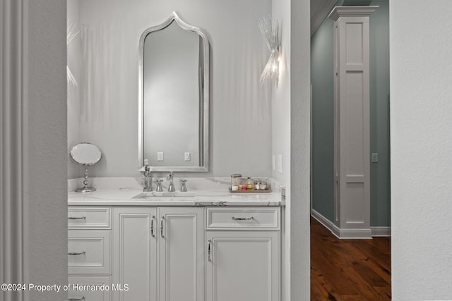 bathroom with wood-type flooring and vanity