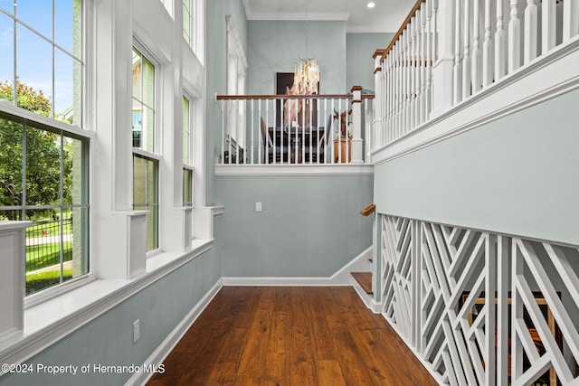 stairs with hardwood / wood-style floors, a notable chandelier, and ornamental molding