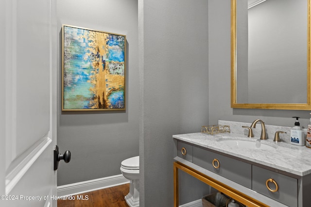 bathroom featuring vanity, hardwood / wood-style flooring, and toilet