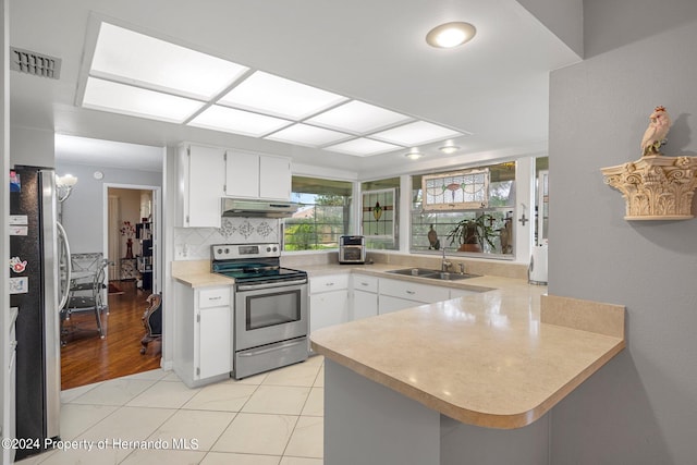 kitchen featuring stainless steel appliances, white cabinets, kitchen peninsula, sink, and light tile patterned floors