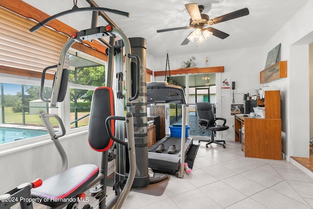 3391 Lambert Ave, Spring Hill, FL 34608 - workout room featuring light tile patterned floors and ceiling fan