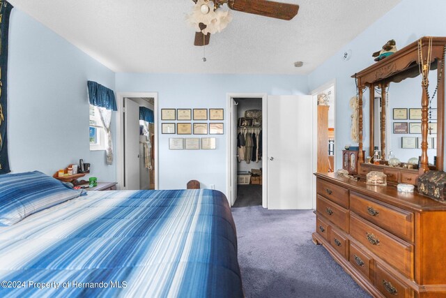 3391 Lambert Ave, Spring Hill, FL 34608 - carpeted bedroom featuring a textured ceiling, a spacious closet, ceiling fan, and a closet