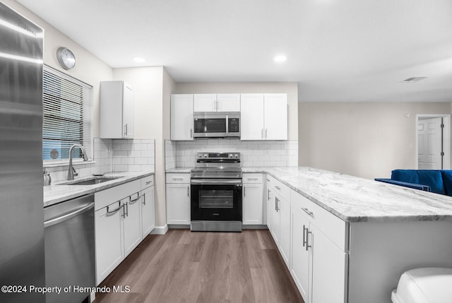 kitchen featuring white cabinetry, appliances with stainless steel finishes, sink, hardwood / wood-style flooring, and kitchen peninsula