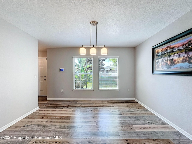 unfurnished dining area with wood-type flooring and a textured ceiling