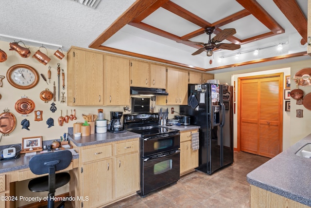 kitchen with light brown cabinets, black appliances, and a tray ceiling