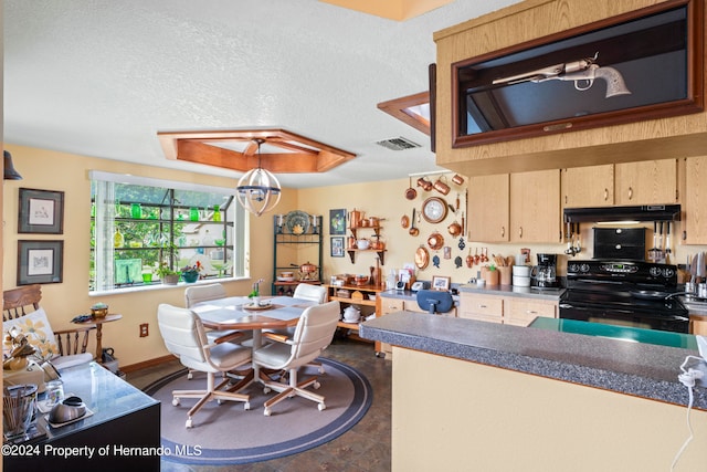 kitchen featuring an inviting chandelier, hanging light fixtures, a textured ceiling, black electric range oven, and light brown cabinets