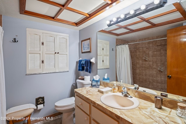 bathroom with walk in shower, vanity, tile patterned floors, and toilet