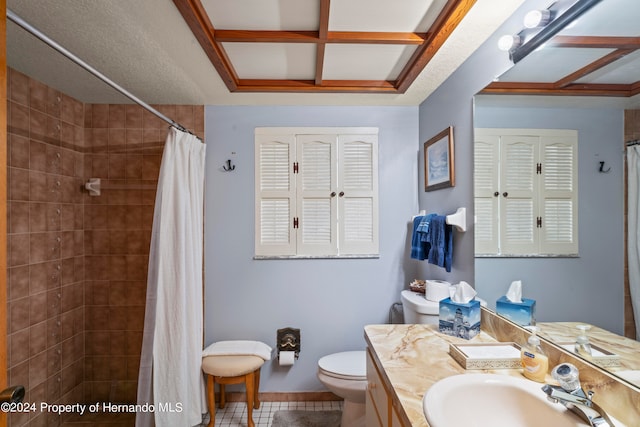 bathroom with toilet, vanity, tile patterned floors, and a shower with curtain