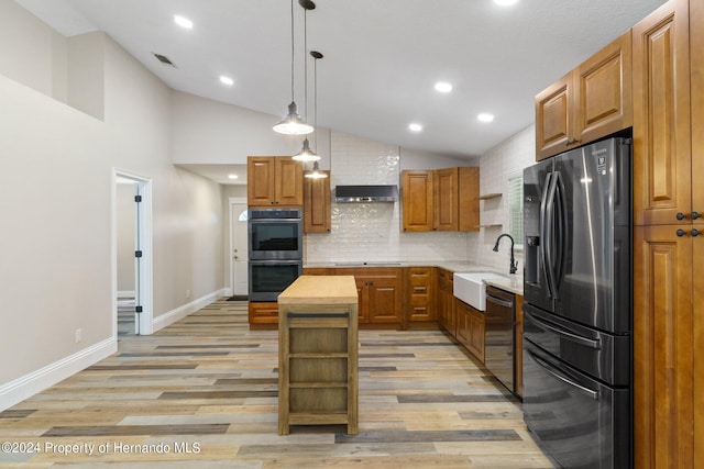 kitchen with hanging light fixtures, light hardwood / wood-style floors, sink, and appliances with stainless steel finishes